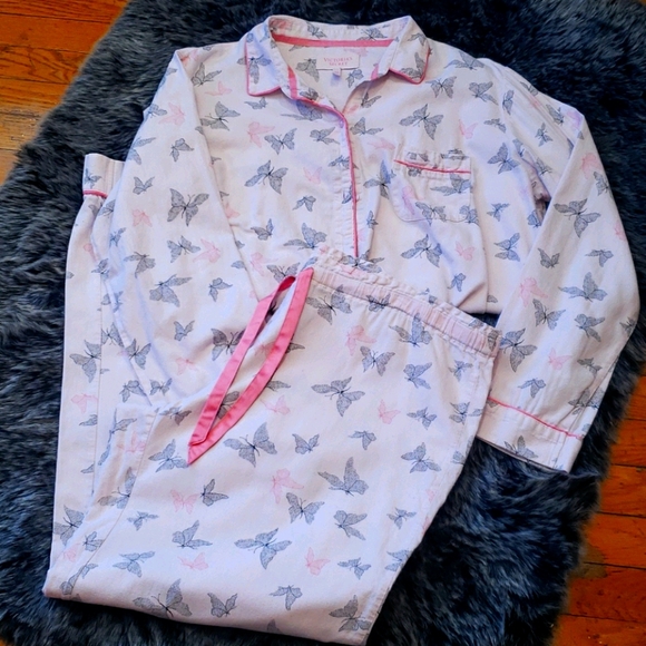 Victoria's Secret Flannel Sleep Set L Long Pink Butterfly - Picture 2 of 9